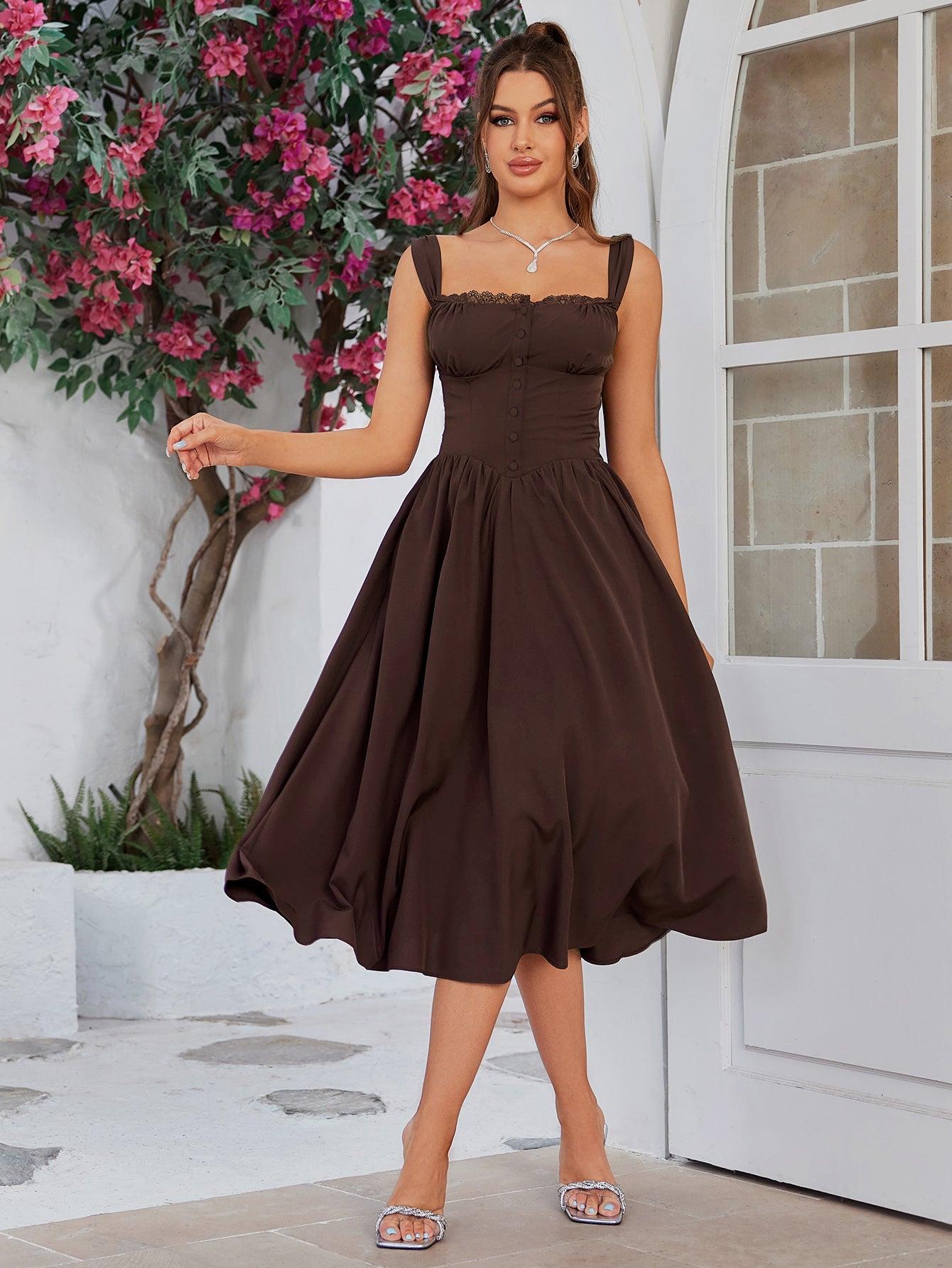 Crisscross Tie Back Button Pocket Solid Dress