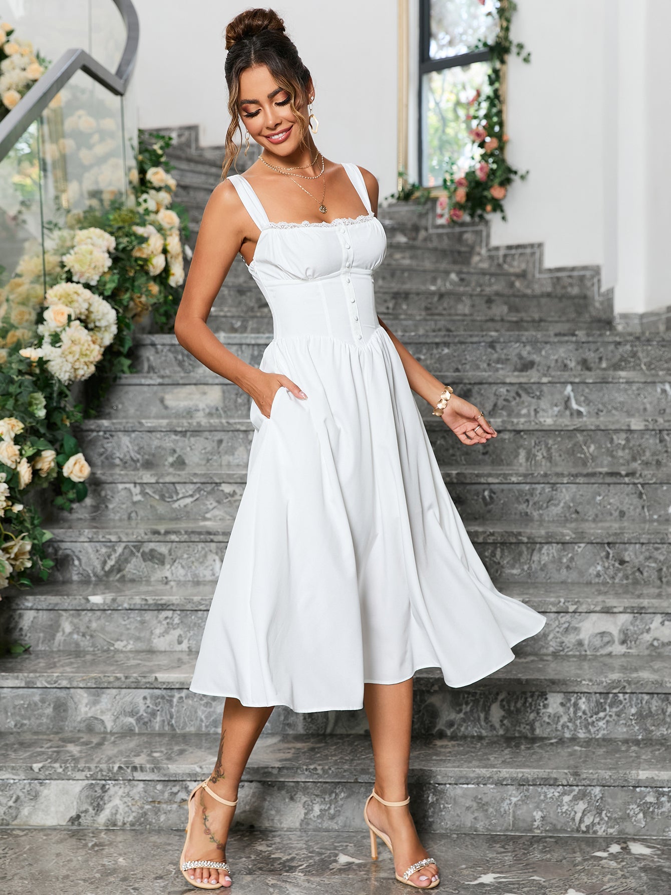 Crisscross Tie Back Button Pocket Solid Dress