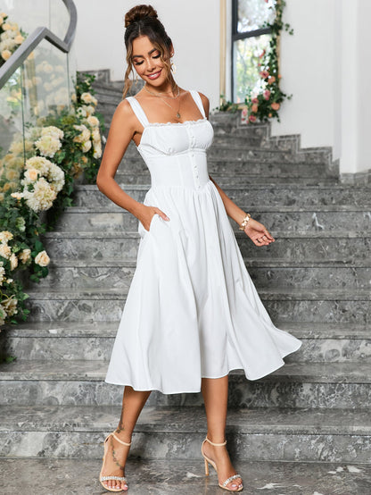 Crisscross Tie Back Button Pocket Solid Dress