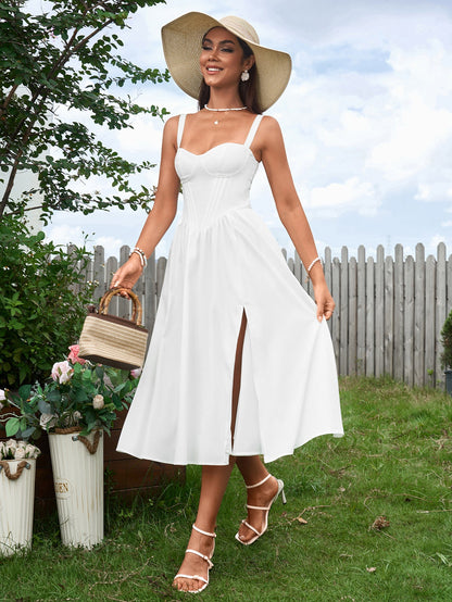 Crisscross Tie Back Ruched Corset Split Dress