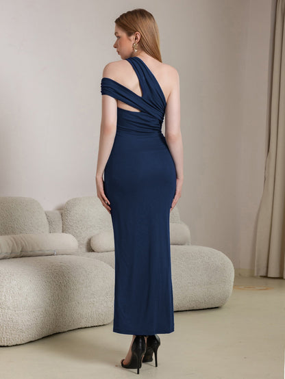 Cut Out One Shoulder Ruched Bodycon Long Dress