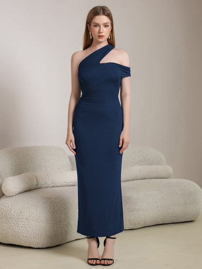 Cut Out One Shoulder Ruched Bodycon Long Dress