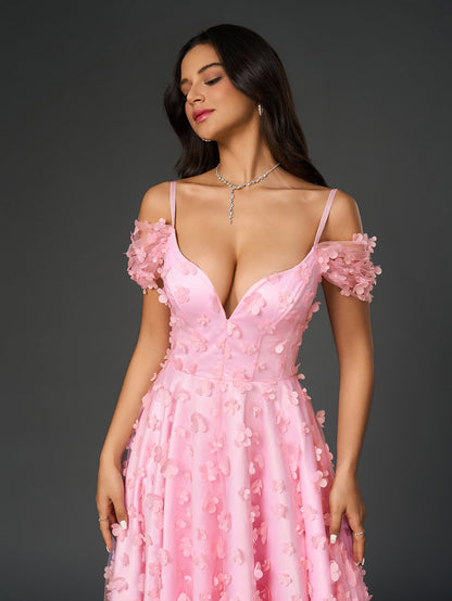 Deep V-Neck Crisscross Back Floral Applique Decoration Prom Dress