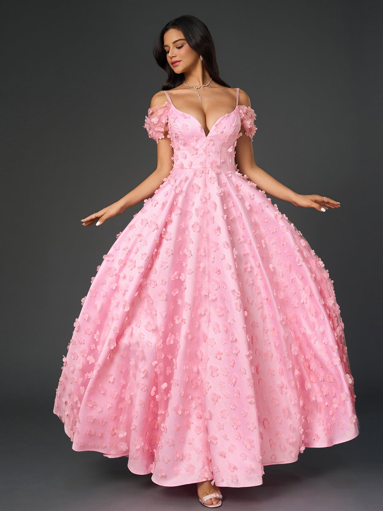 Deep V-Neck Crisscross Back Floral Applique Decoration Prom Dress