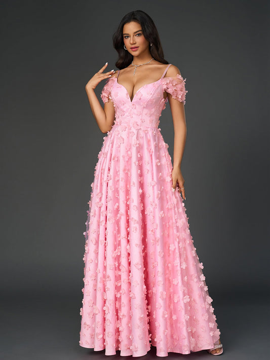 Deep V-Neck Crisscross Back Floral Applique Decoration Prom Dress