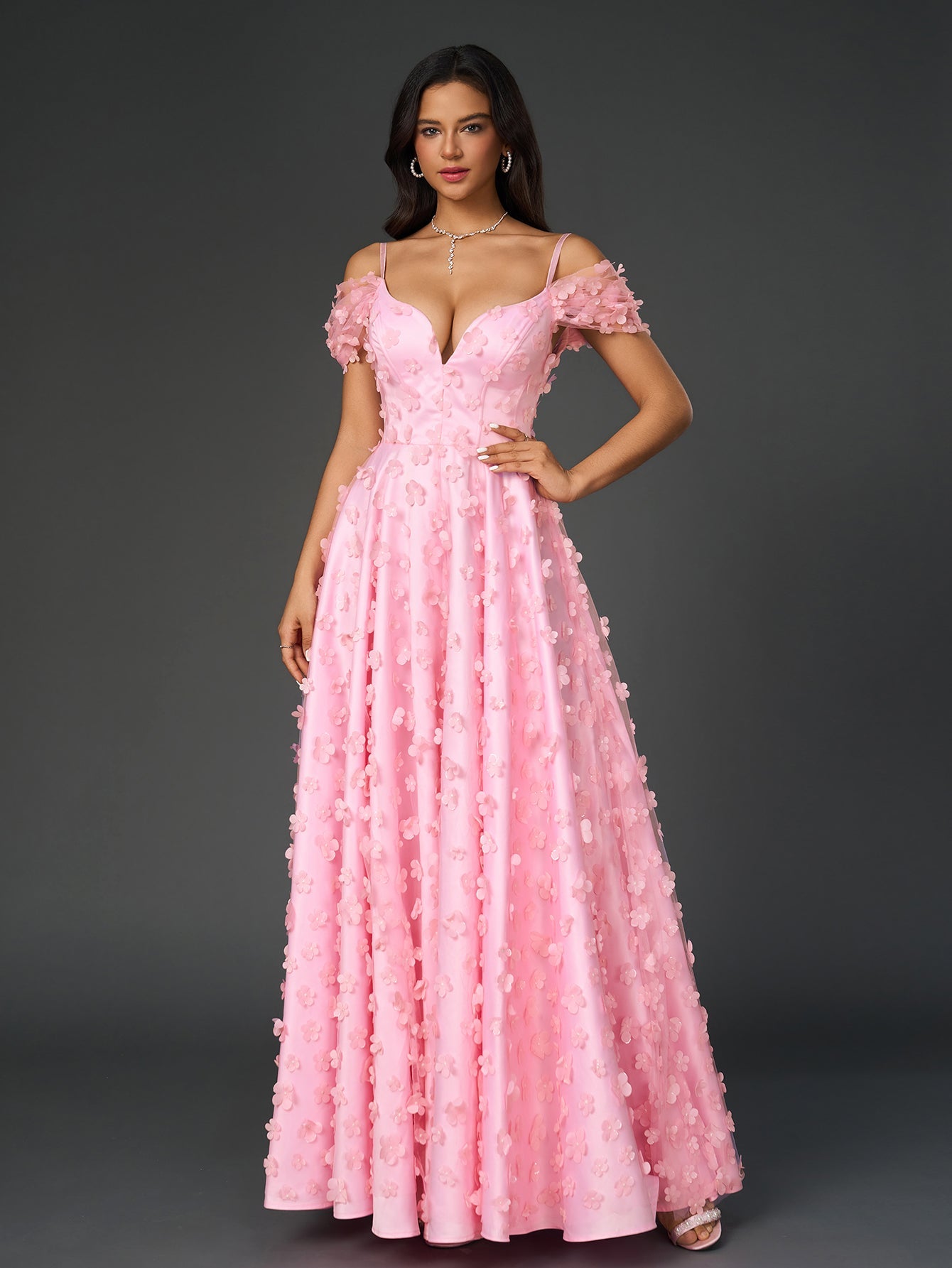 Deep V-Neck Crisscross Back Floral Applique Decoration Prom Dress