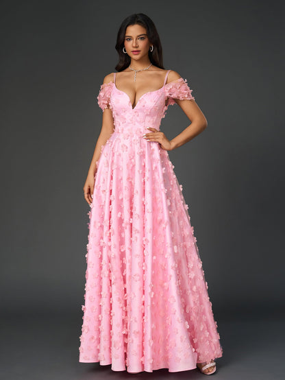 Deep V-Neck Crisscross Back Floral Applique Decoration Prom Dress