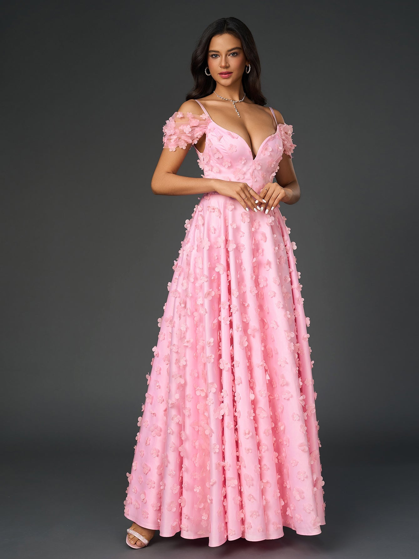 Deep V-Neck Crisscross Back Floral Applique Decoration Prom Dress
