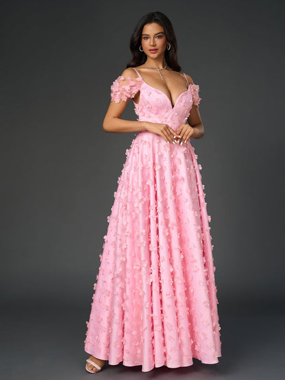 Deep V-Neck Crisscross Back Floral Applique Decoration Prom Dress
