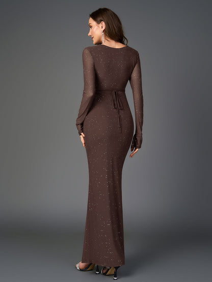 Deep V-Neck Crisscross Tie Front Glitter Bodycon Dress