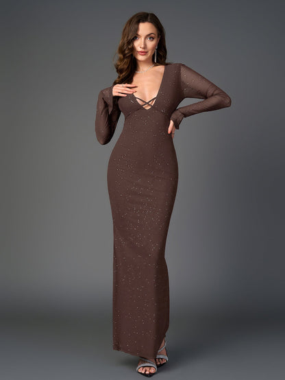 Deep V-Neck Crisscross Tie Front Glitter Bodycon Dress
