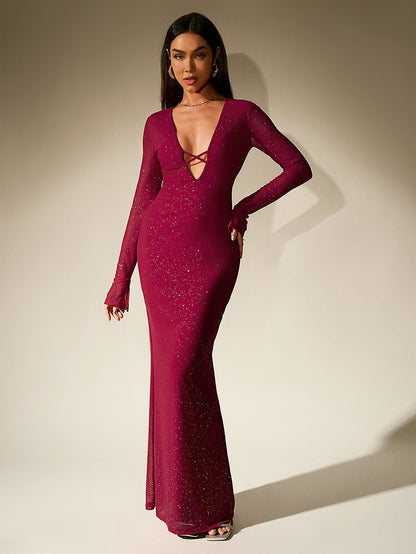 Deep V-Neck Crisscross Tie Front Glitter Bodycon Dress