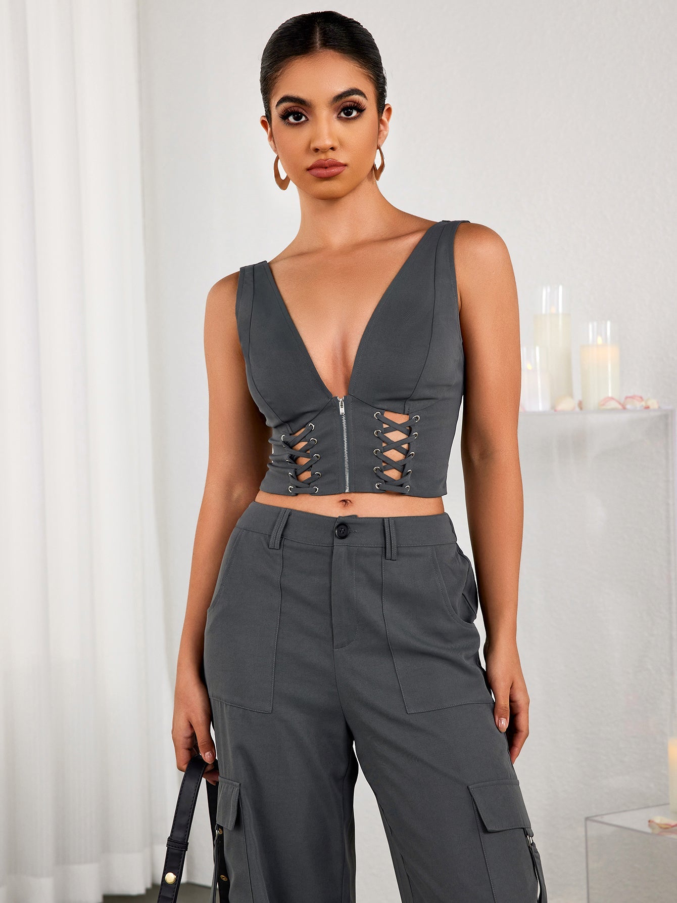Deep V-Neck Cut Out Zipper Crop Top