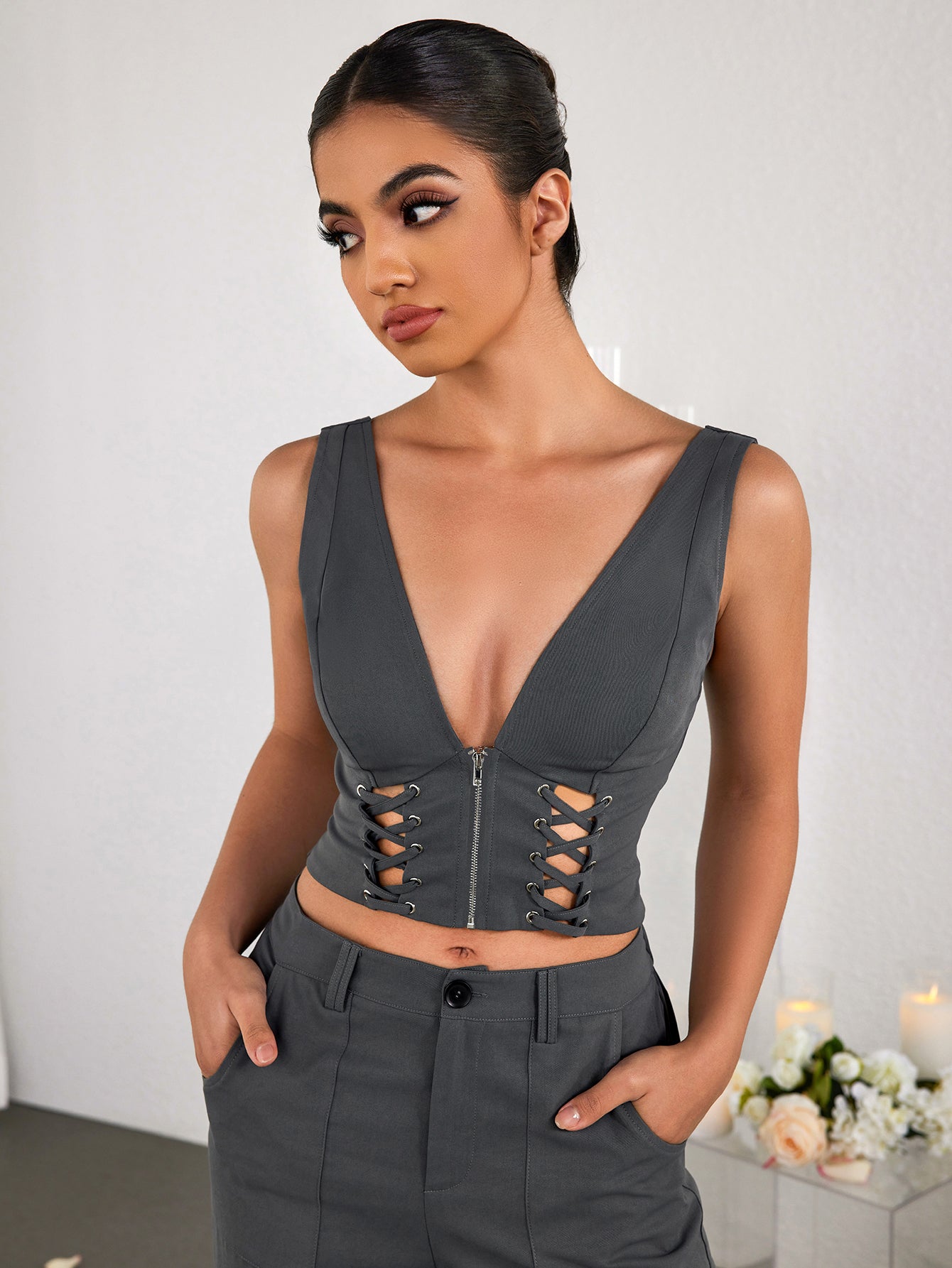 Deep V-Neck Cut Out Zipper Crop Top