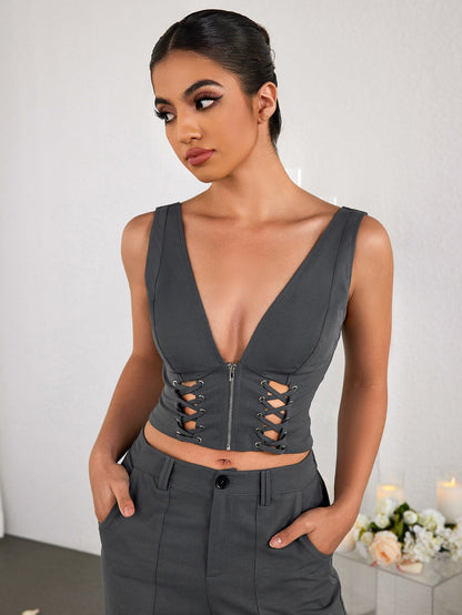 Deep V-Neck Cut Out Zipper Crop Top