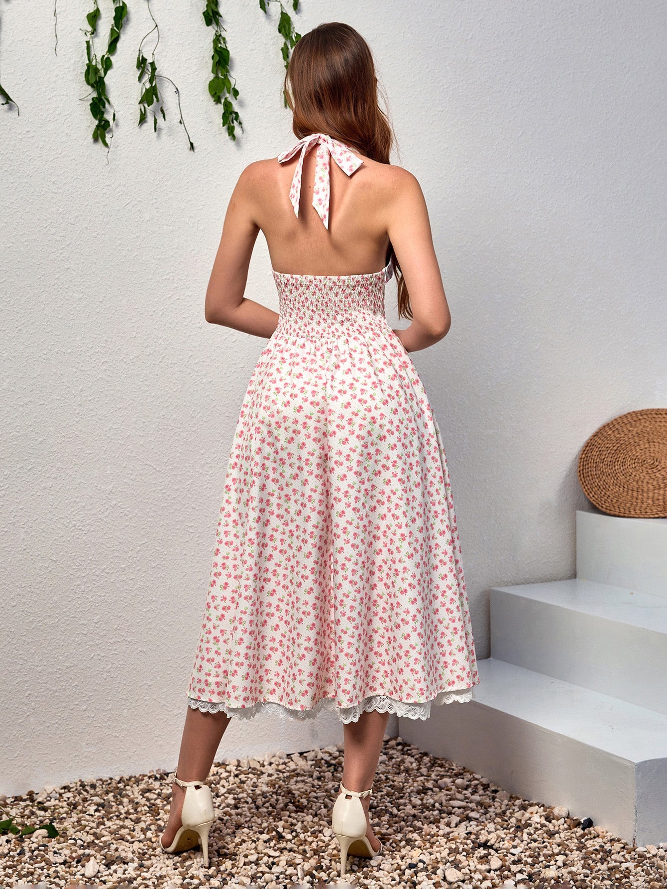 Deep V-Neck Halter Lace Spliced Floral Dress