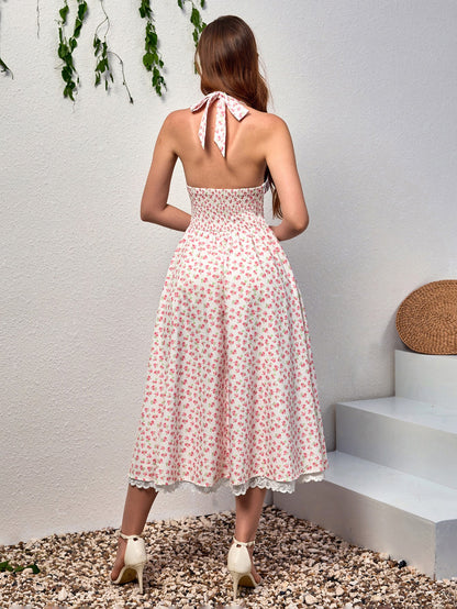 Deep V-Neck Halter Lace Spliced Floral Dress