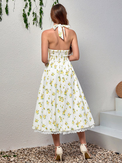 Deep V-Neck Halter Lace Spliced Floral Dress