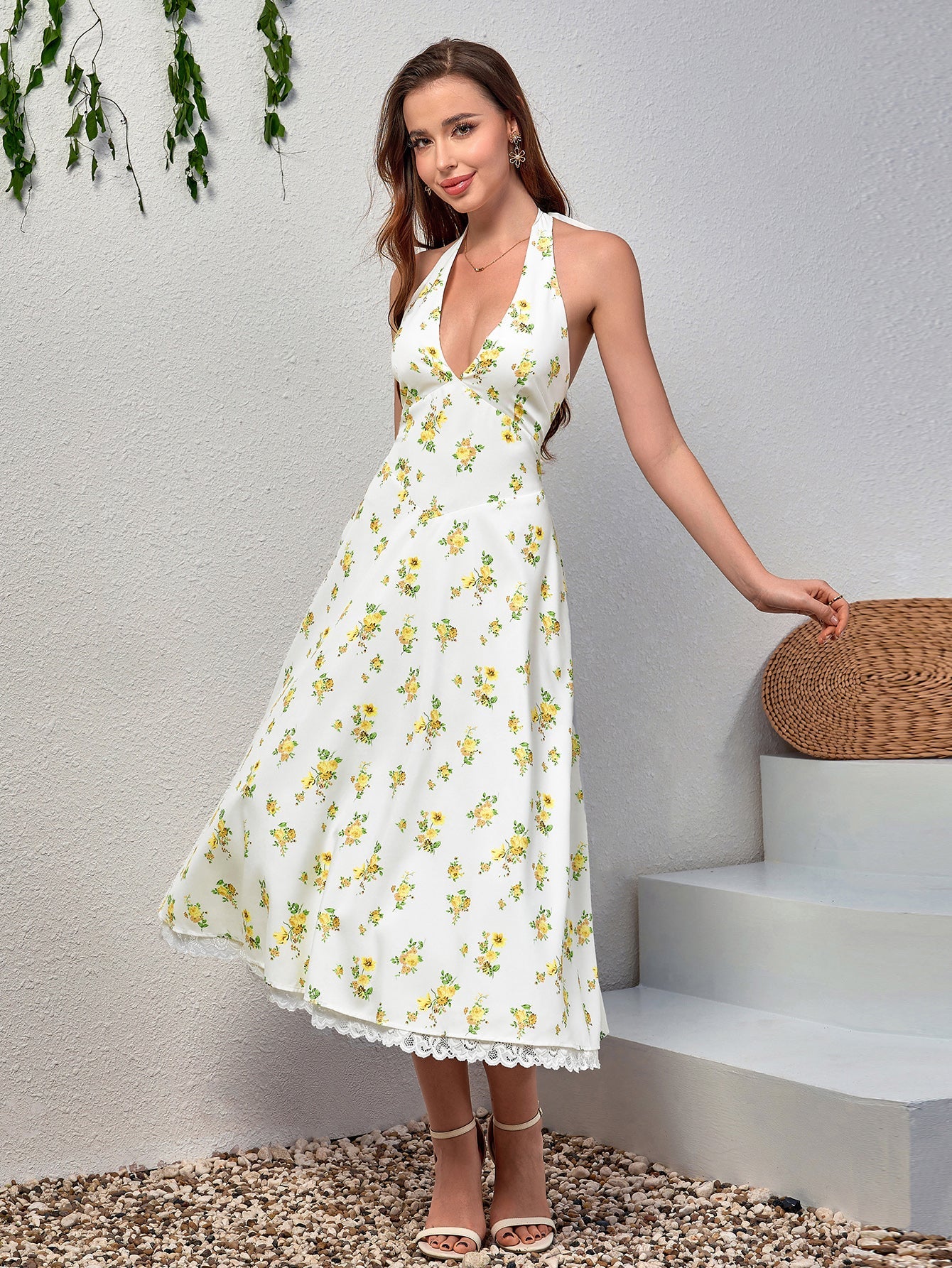 Deep V-Neck Halter Lace Spliced Floral Dress