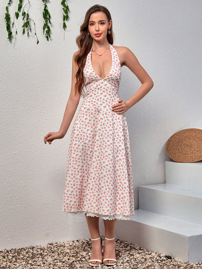 Deep V-Neck Halter Lace Spliced Floral Dress