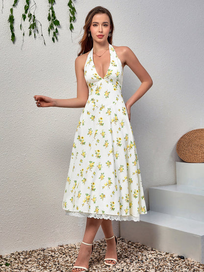 Deep V-Neck Halter Lace Spliced Floral Dress
