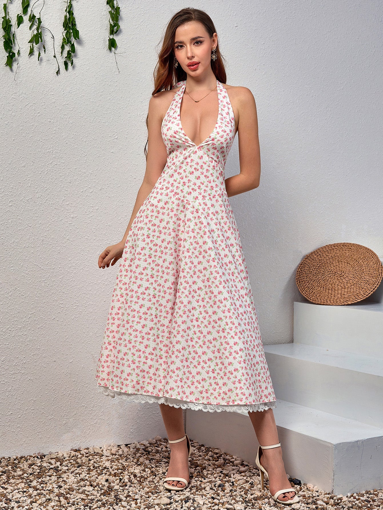 Deep V-Neck Halter Lace Spliced Floral Dress