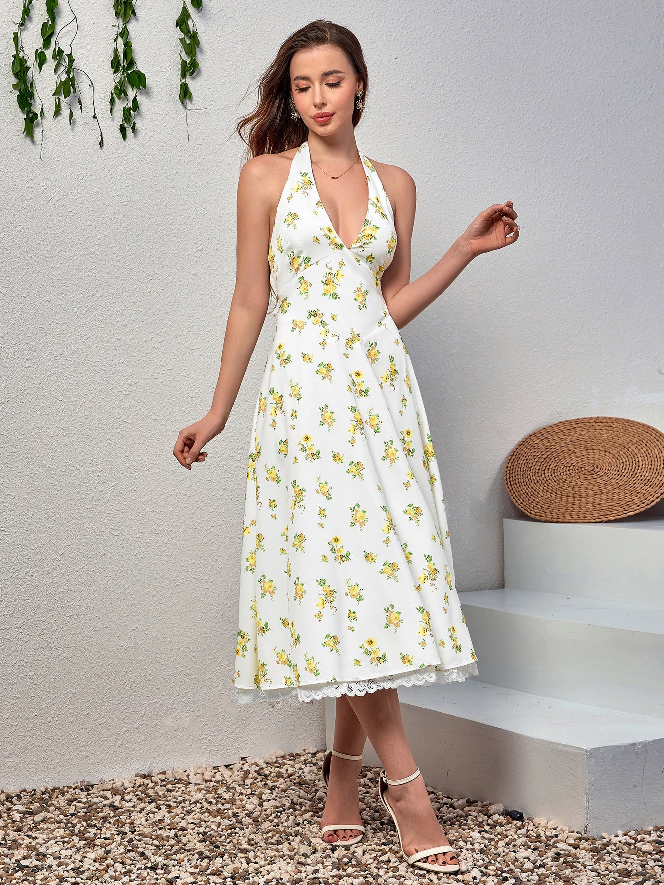 Deep V-Neck Halter Lace Spliced Floral Dress