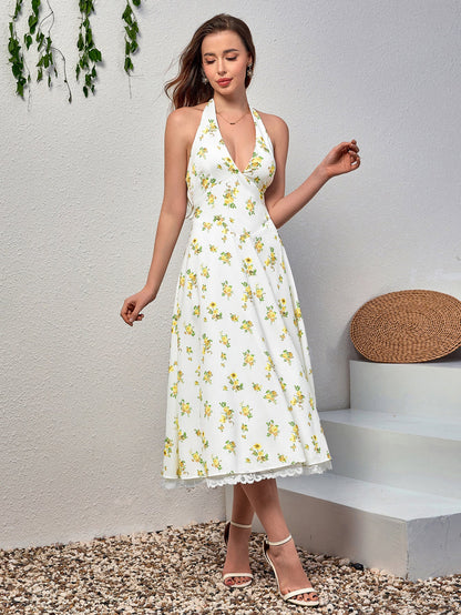 Deep V-Neck Halter Lace Spliced Floral Dress