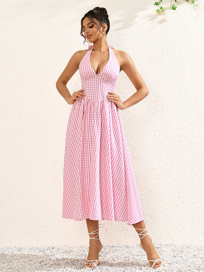 Deep V-Neck Halter Plaid Print Dress