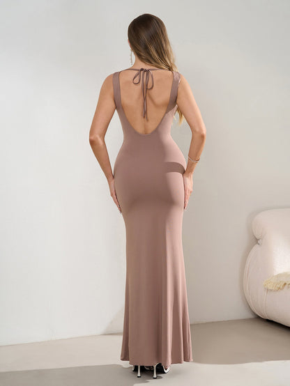 Deep V-Neck Ruched Waist Tie Backless Bodycon Dress