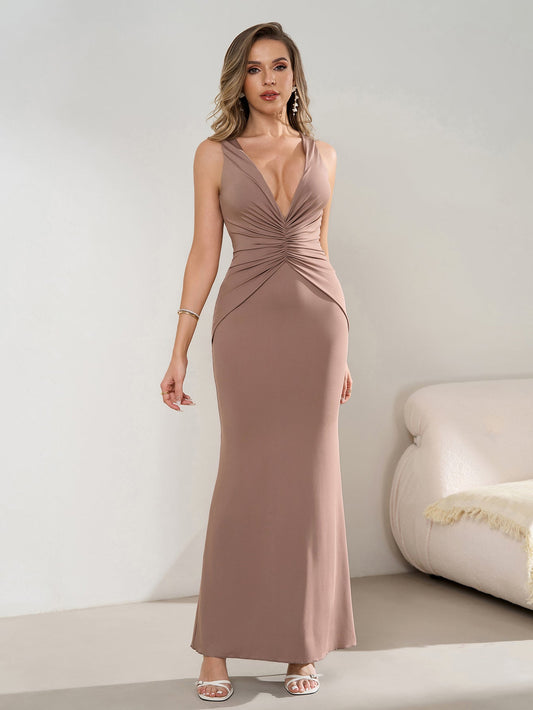 Deep V-Neck Ruched Waist Tie Backless Bodycon Dress