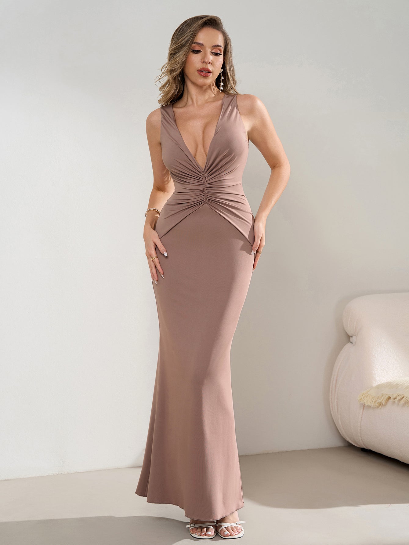 Deep V-Neck Ruched Waist Tie Backless Bodycon Dress