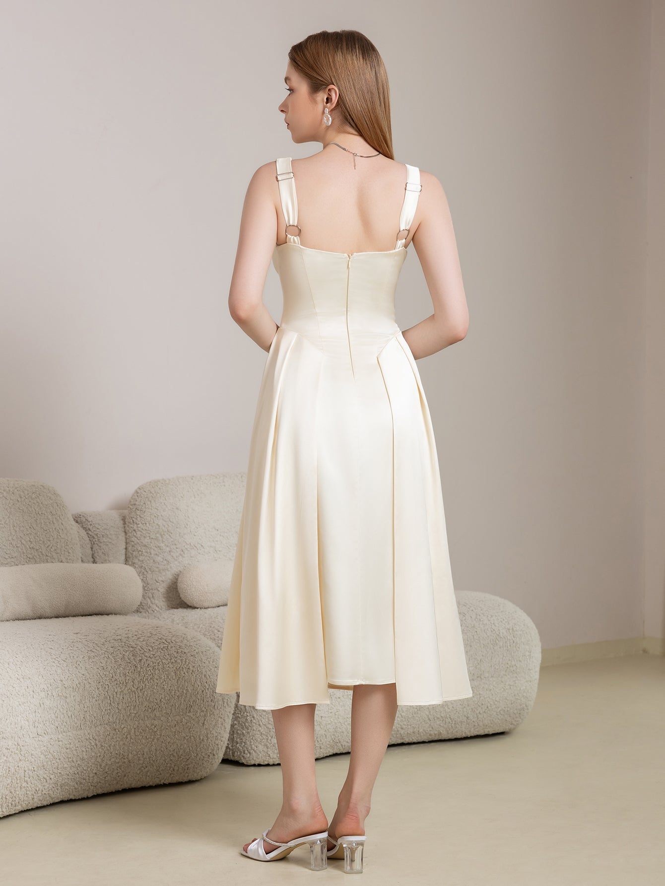 Deep V-Neck Satin Prom Midi Dress
