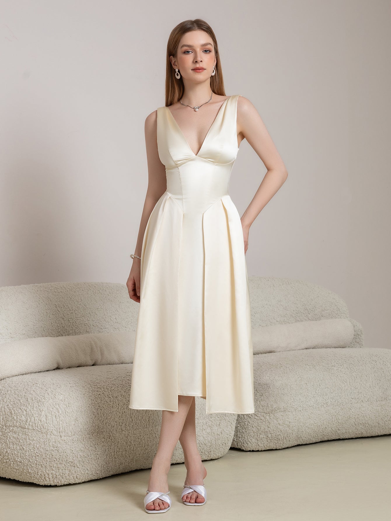 Deep V-Neck Satin Prom Midi Dress