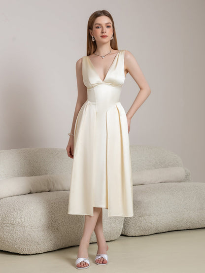 Deep V-Neck Satin Prom Midi Dress