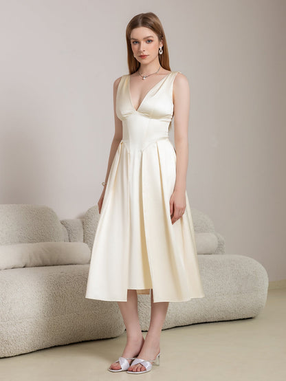 Deep V-Neck Satin Prom Midi Dress