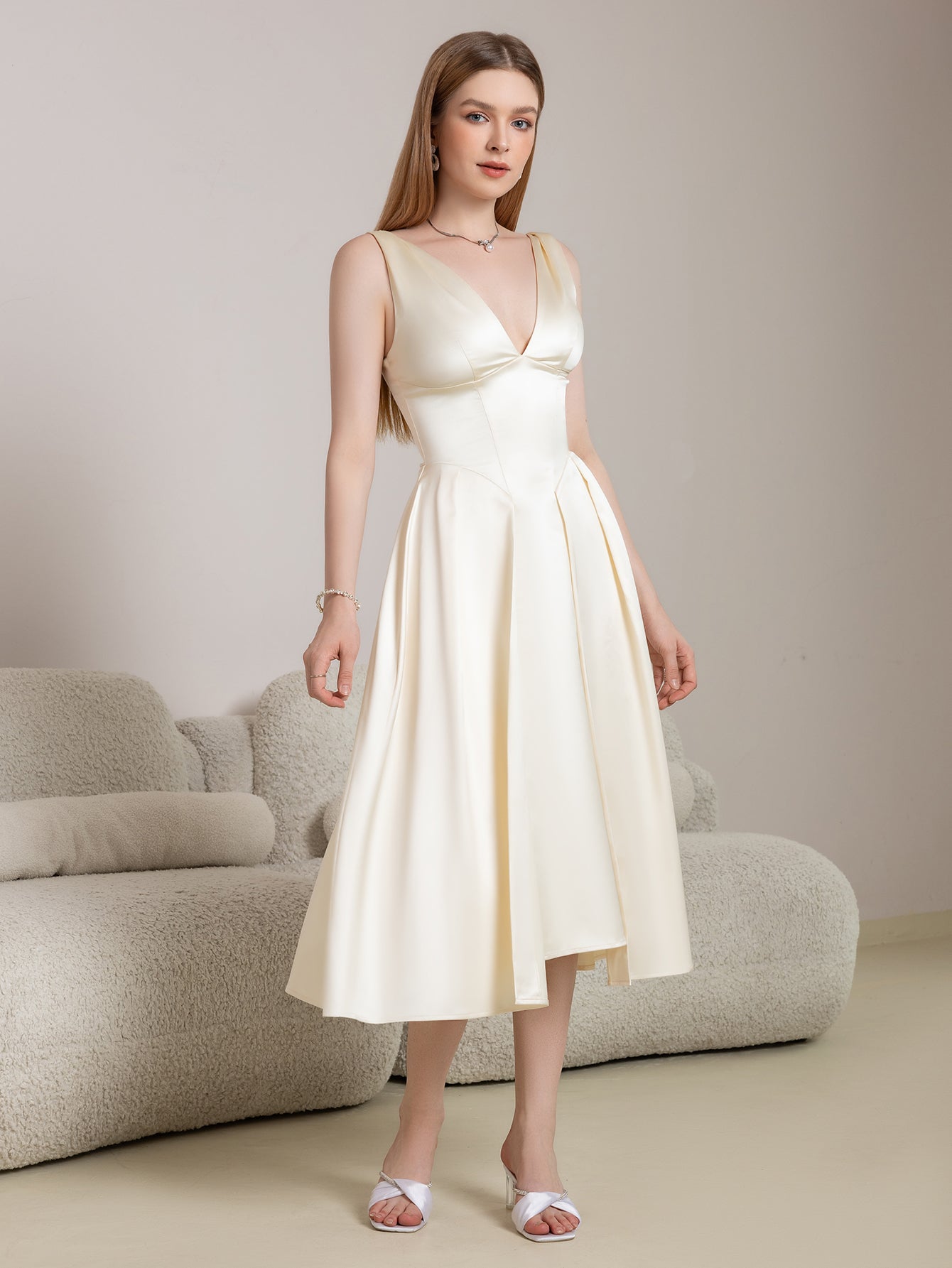 Deep V-Neck Satin Prom Midi Dress