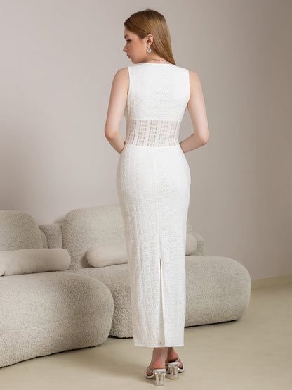 Deep V-Neck Split Thigh Jacquard Lace Dress
