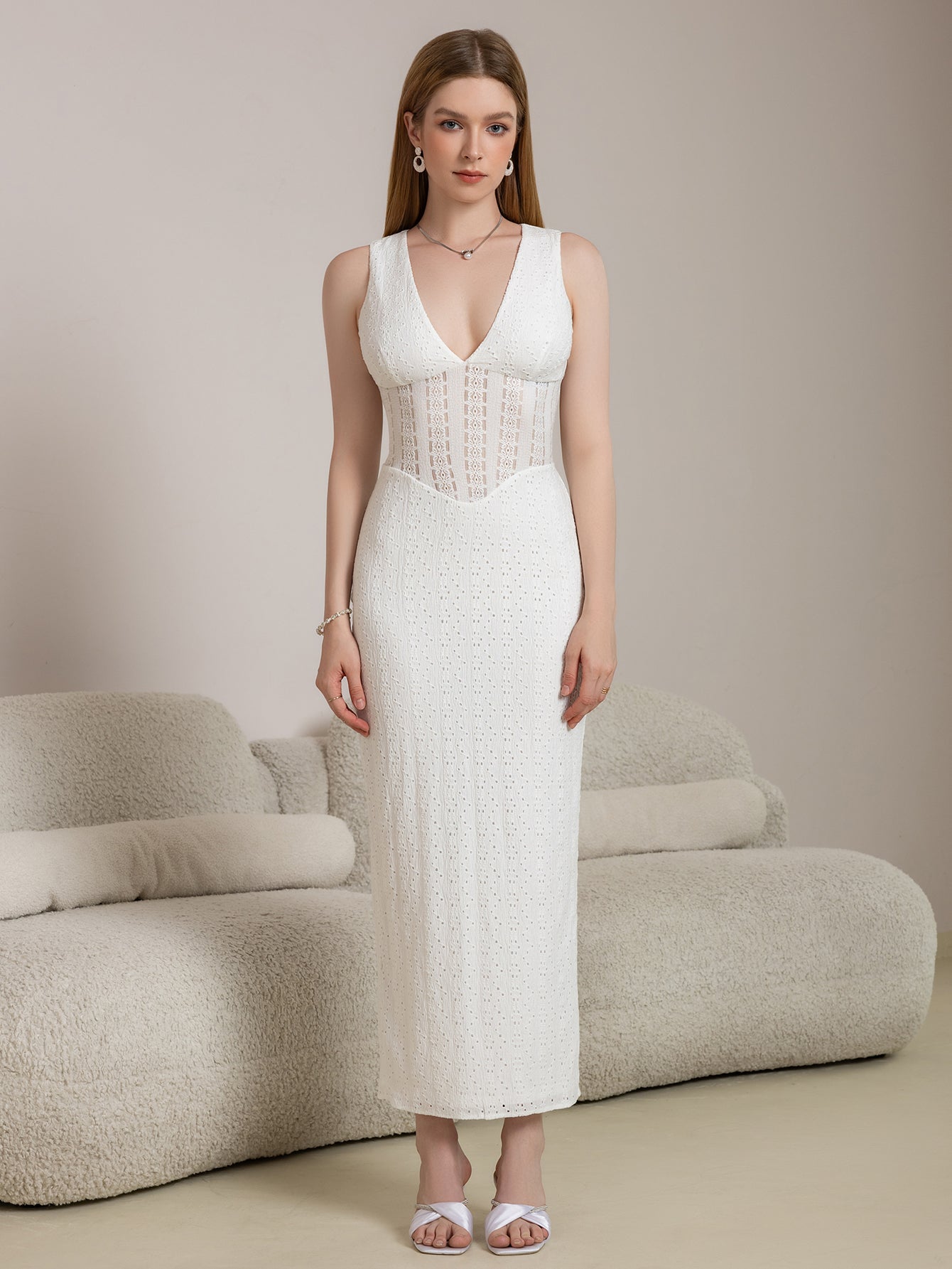 Deep V-Neck Split Thigh Jacquard Lace Dress