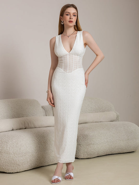 Deep V-Neck Split Thigh Jacquard Lace Dress