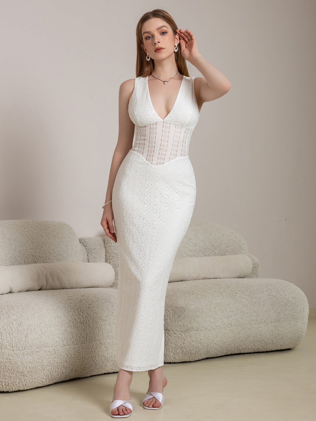 Deep V-Neck Split Thigh Jacquard Lace Dress