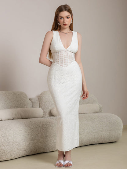 Deep V-Neck Split Thigh Jacquard Lace Dress