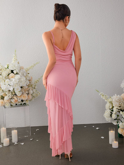 Draped Backless Asymmetrical Hem Mesh Dress