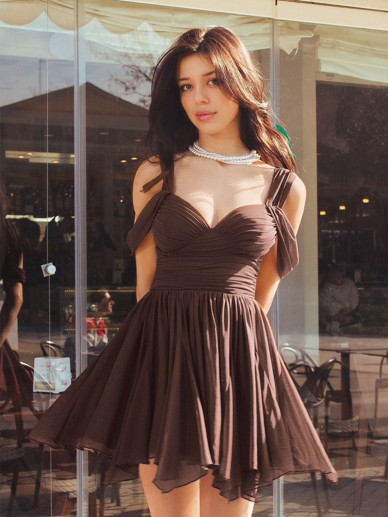 Draped Sleeve Ruched Asymmetrical Hem Mini Dress
