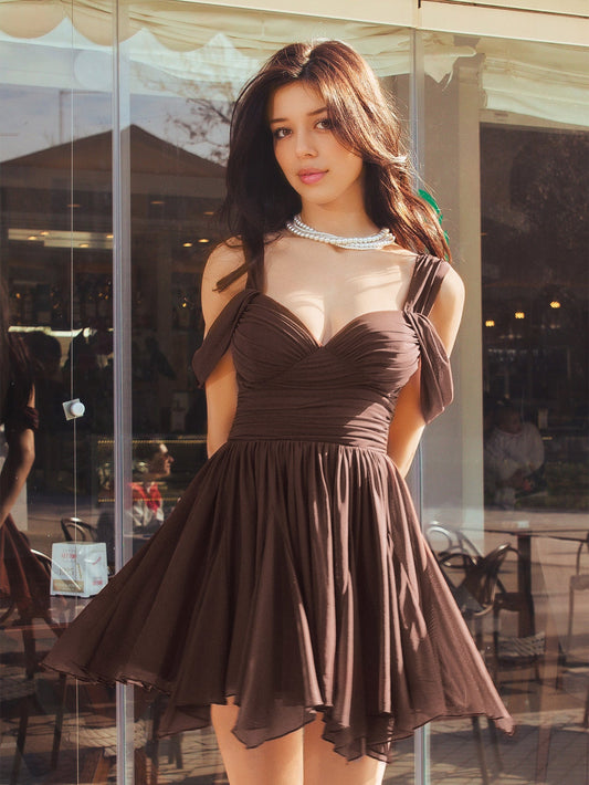 Draped Sleeve Ruched Asymmetrical Hem Mini Dress