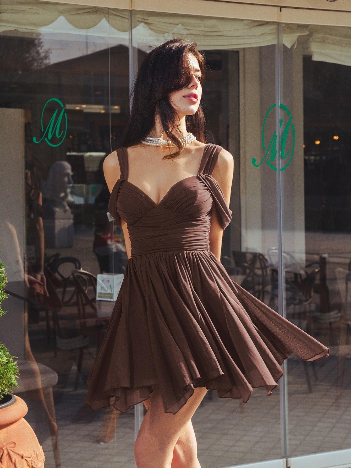Draped Sleeve Ruched Asymmetrical Hem Mini Dress