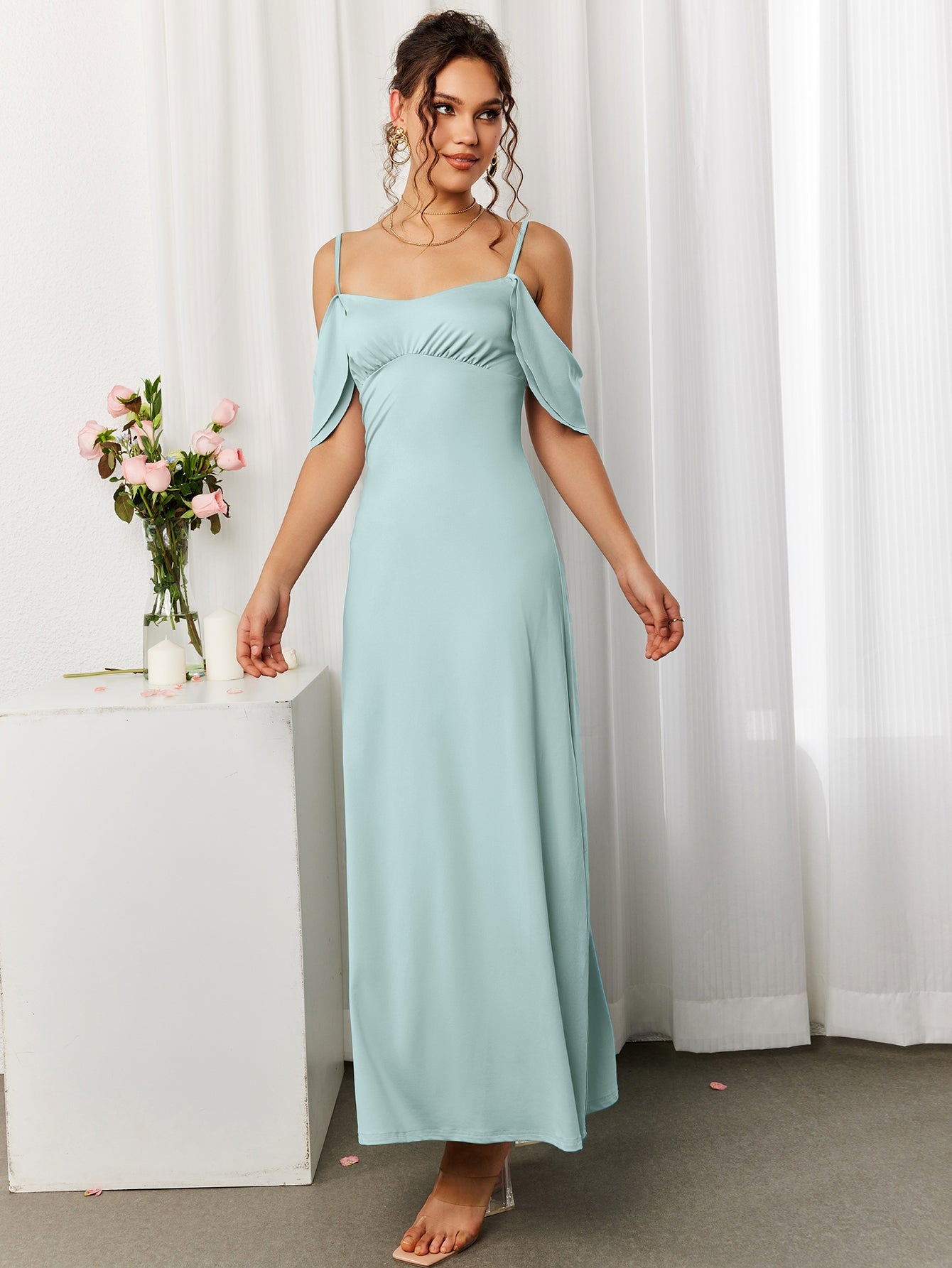 Draped Sleeve Ruched Bust Bodycon Dress