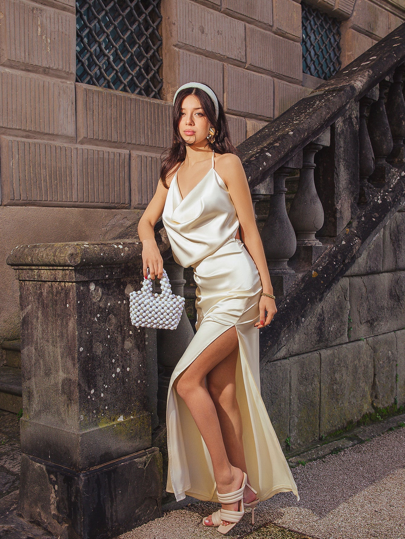 Draped Split Thigh Satin Backless Maxi Dress
