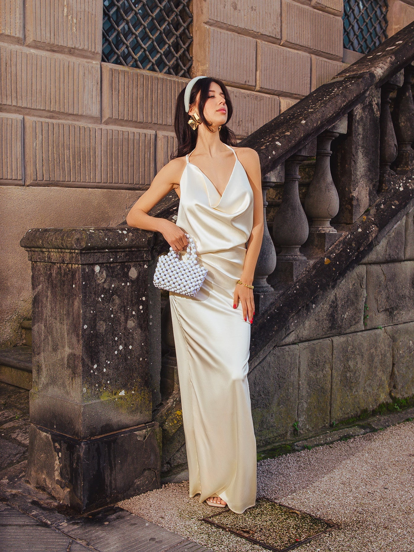 Draped Split Thigh Satin Backless Maxi Dress