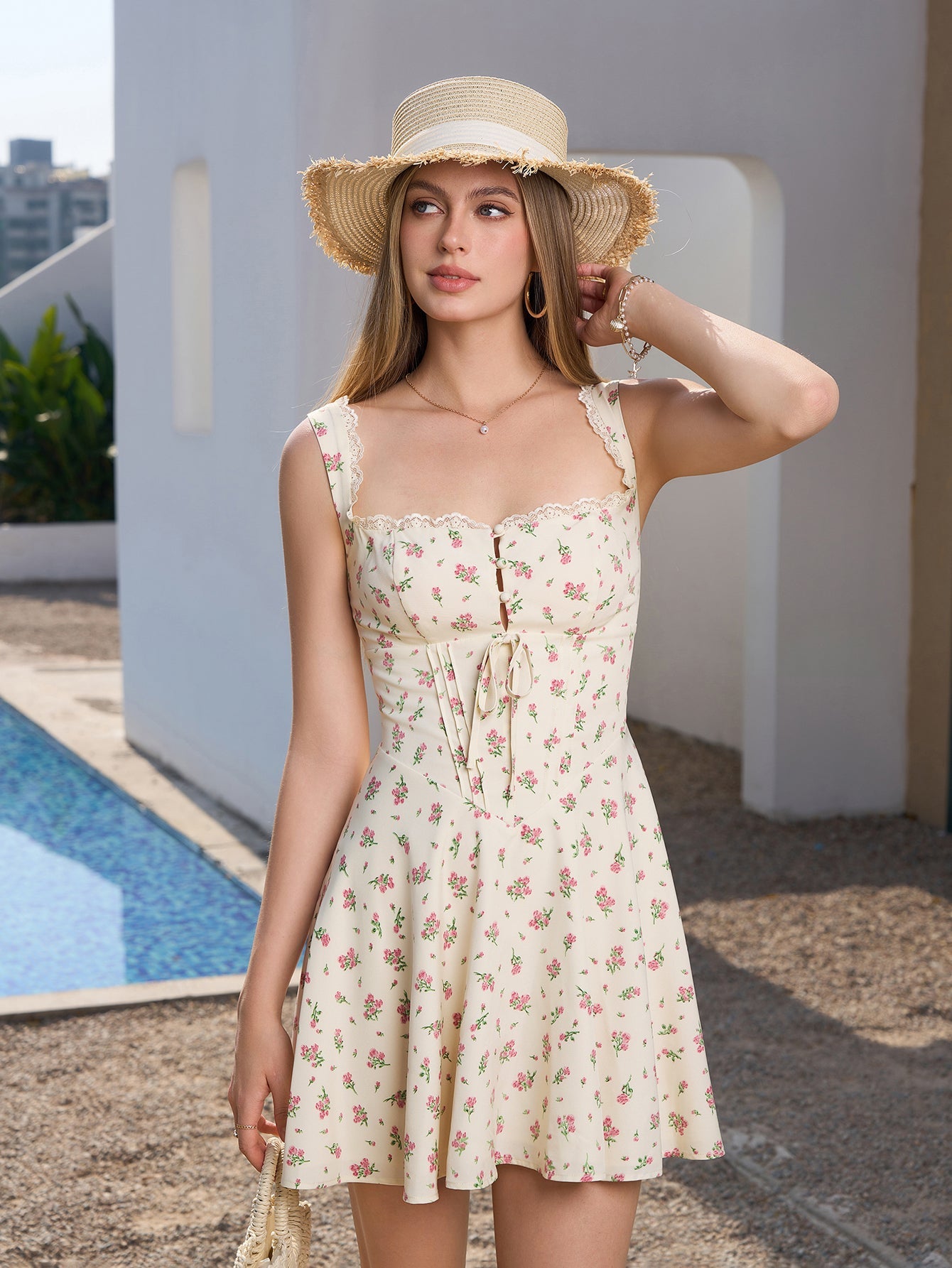 Embellished Button Lace Trim Floral Print Mini Dress